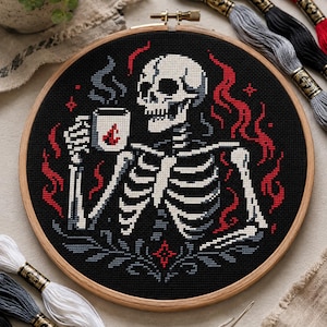 Gothic Skeleton Coffee Cross Stitch Pattern PDF, Skull Halloween Embroidery, Whimsigoth Decor, Easy Black Fabric Pattern