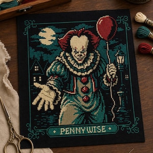 Op de afbeelding: Een kruissteekborduurwerk op zwarte stof met een clown met rood haar, een geplooide kraag en een blauw kostuum, die een rode ballon vasthoudt. Het ontwerp bevat een volle maan, een lantaarnpaal en een banner onderaan met de tekst PENNYWISE.
