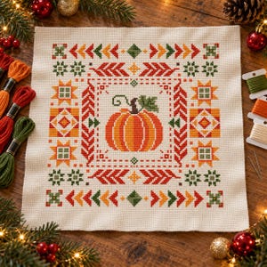 May include: A square piece of cream-coloured Aida fabric featuring a cross-stitch design of a central orange pumpkin surrounded by a geometric border of red, orange, and green stars, arrows, and diamond shapes, with embroidery floss nearby.