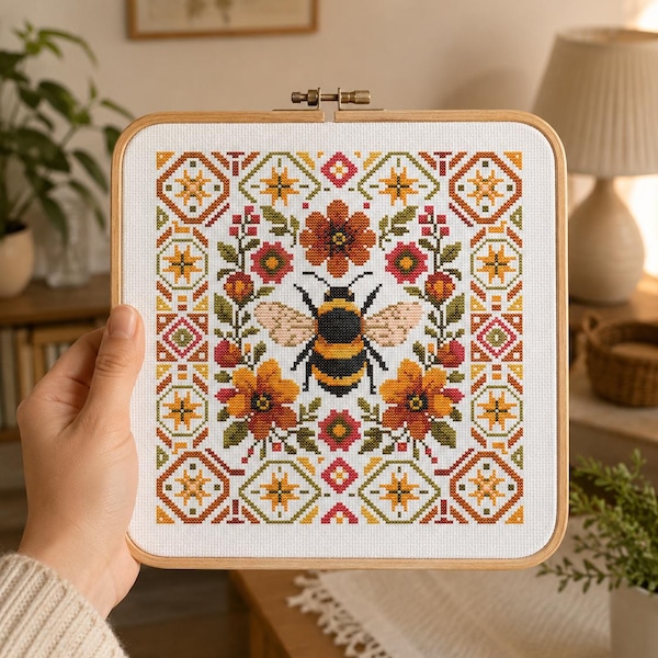 Autumn Bee Cross Stitch Pattern PDF, Folk Floral Bumblebee Chart, Fall Geometric Embroidery, Digital Download