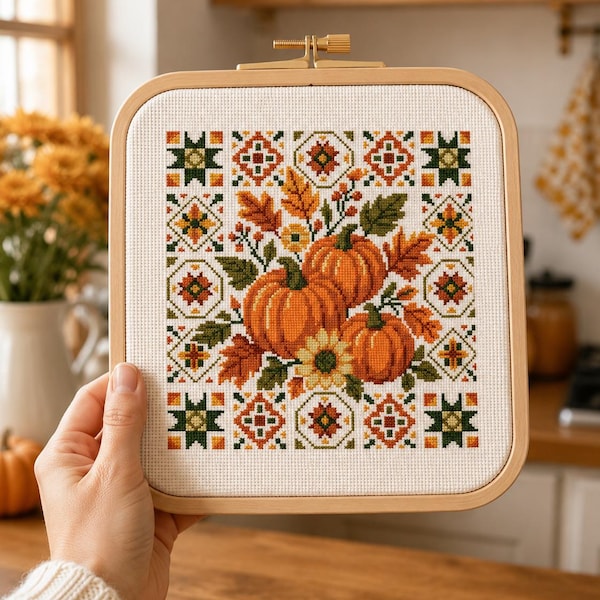 Pumpkin Cross Stitch Pattern PDF, Autumn Folk Floral Embroidery, Fall Harvest Thanksgiving Decor, Easy Modern PDF Chart