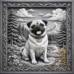 Puede incluir: Ilustración en blanco y negro enmarcada de un perro pug sonriente en un paisaje forestal. El perro lleva un collar con una etiqueta en forma de hueso. El fondo incluye árboles, montañas, un lago y nubes, dentro de un marco decorativo.
