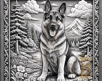 Paquete de grabado láser de pastor alemán / Retrato de perro / Mapa de profundidad de pizarra y madera / LightBurn, xTool, Glowforge / PNG digital en escala de grises + invertido
