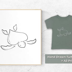 Dibujo lineal de tortuga marina – Dibujo a mano, estampado minimalista de concha en forma de corazón, transparente (PNG, PDF A3)