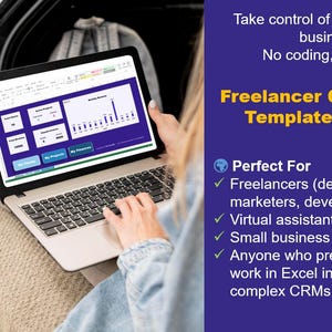 May include: A laptop displaying an Excel template for freelancers, with a purple and white interface. The text on the screen includes "Super Projects" and "My Projects." The image also includes the text "Freelancer CRM Excel Template (Basic)."