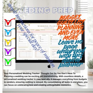 May include: A digital wedding planner displayed on a computer screen. The screen shows a planner with sections for budget, guest list, and planning. Text on the screen reads "Wedding Planner." The image includes the text "Wedding Prep" and "simple instructions for peace of mind on your special day!"