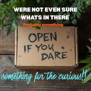 May include: A brown cardboard box with the text "OPEN IF YOU DARE" in black. The box is surrounded by green plants and the text "Why?" and "something for the curious!!". The text "WERE NOT EVEN SURE WHATS IN THERE" is above the box.
