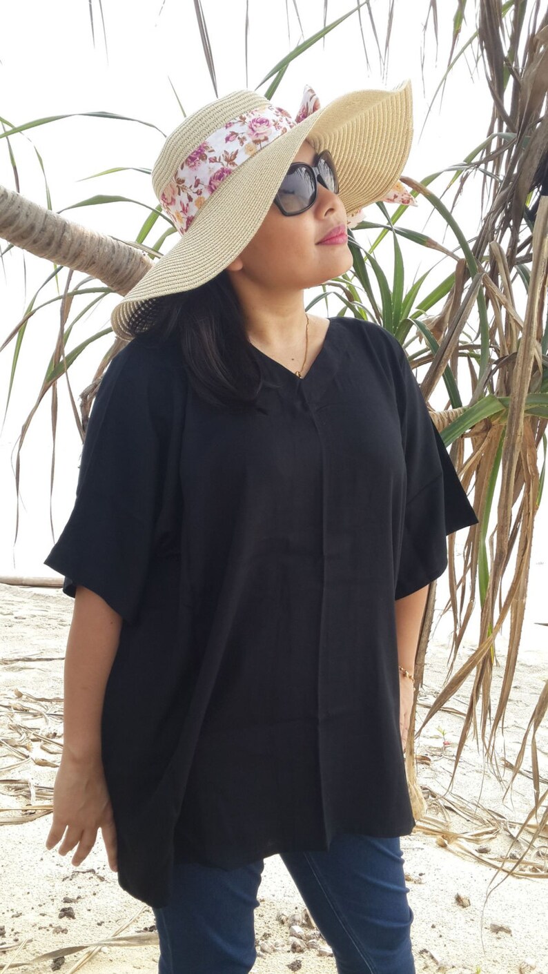 V Neck Sleeve Charcoal Black Bali Batik Top Tunic Kaftan Caftan Dress Blouse Loungewear Summer Beach Cover Up Regular Size 1X 2X 3X