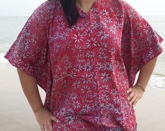 Regular Size 1X 2X 3X V Neck Smokey Red Bali Batik Top Tunic Kaftan Caftan Poncho Dress Blouse Loungewear Summer Beach Cover Up Party