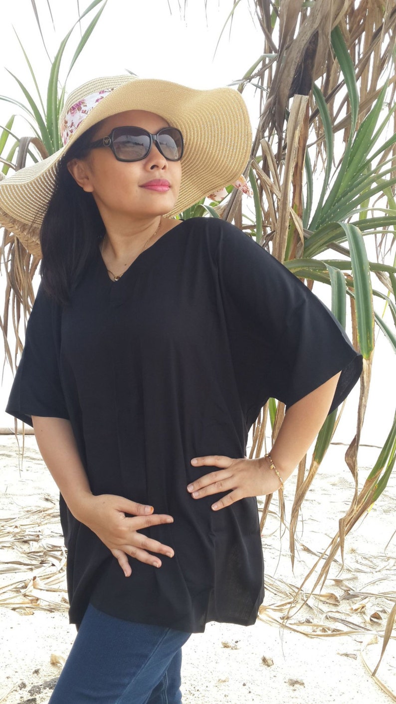 V Neck Sleeve Charcoal Black Bali Batik Top Tunic Kaftan Caftan Dress Blouse Loungewear Summer Beach Cover Up Regular Size 1X 2X 3X