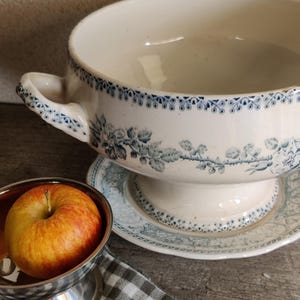 Peut inclure: Une soupière en céramique blanche avec des motifs floraux et de vigne bleus. La soupière a des poignées et repose sur un socle et une assiette assortis. Un petit bol en argent contient une pomme rouge et jaune.