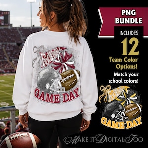 May include: A white sweatshirt featuring a graphic print of a football helmet, a football, and a pom-pom with the text Football Game Day. The design includes a banner and a bow. The text PNG BUNDLE INCLUDES 12 Team Color Options is visible.