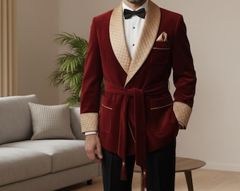 Burgundy Velvet Robe: Men's Quilted Lapel Dressing Gown