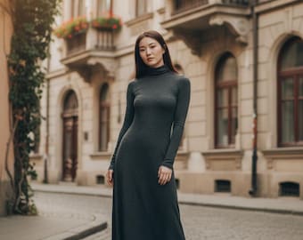 Gray Knitted Maxi Dress: Cotton Turtleneck Style, A-Line Silhouette