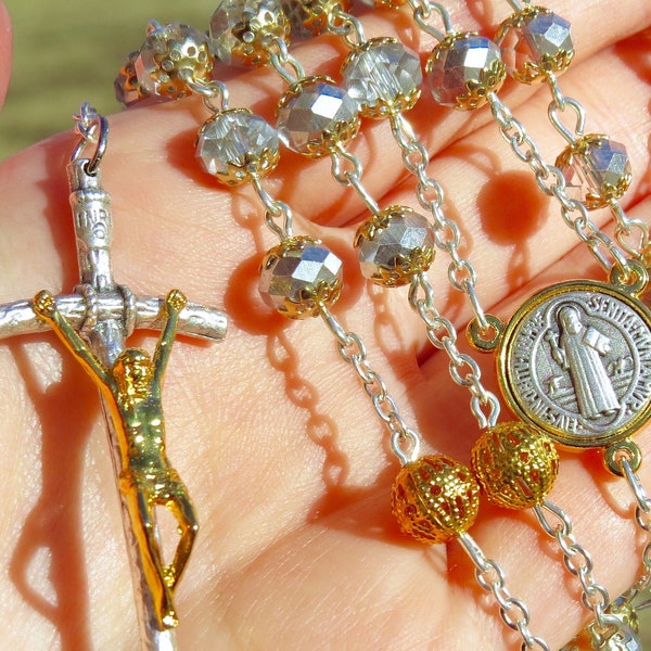 Gold and silver two tone rosary w/ metallic crystal vitrail glass beads, St. Benedict center, Papal Crucifix, gold plated filigree bead caps