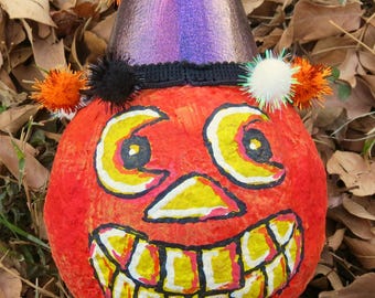Party pumpkin paper mache vintage retro style Halloween decor bucket, folk, Dia de los Muertos, gothic spooky decor, handmade and painted