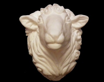 Sheep/Ewe/Ram resin plastic head/bust/faux taxidermy/cabochon for jewelry, decor, mounting, crafts; opaque white farm ranch nature animal