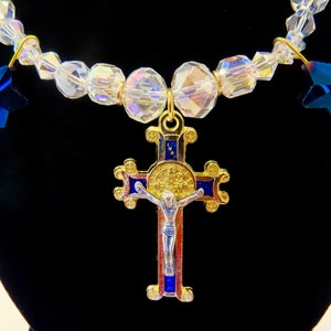 St. Benedict Stars Blue necklace w/ aurora borealis rainbow iridescent finishes, gold plating, religious Catholic devotion jewelry