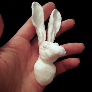 May include: White ceramic sculpture of a jackrabbit head with long ears. The sculpture is held in a person's hand.