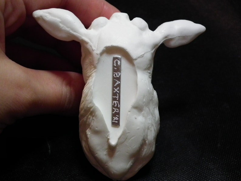 Op de afbeelding: Witte keramische sculptuur van een hertenkop met een zilveren metalen label met de tekst "C. BAXTER" op de achterkant.