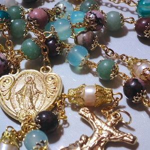 Aventurine, blue & green striped agate, rhodonite rosary w/ Pieta crucifix, Miraculous Medal gold plated bead caps genuine pink pearls