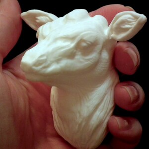 Op de afbeelding: Witte keramische sculptuur van een hertenkop met gedetailleerde kenmerken. Het beeldje wordt in een hand gehouden.