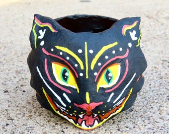 Black cat paper mache vintage retro style Halloween decoration bucket, folk, Dia de los Muertos, gothic spooky decor, handmade and painted