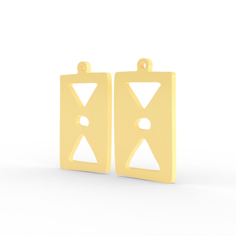 May include: Two gold-colored earrings. Each earring is rectangular with a small loop at the top for hanging. The design includes a downward-pointing triangle at the top, a circular cutout in the middle, and an upward-pointing triangle at the bottom.