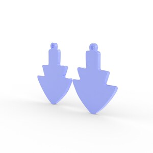May include: Two light purple earrings with a unique, stylized arrow design. Each earring features a rounded bottom and a small loop at the top for hanging. The earrings are displayed against a white background.