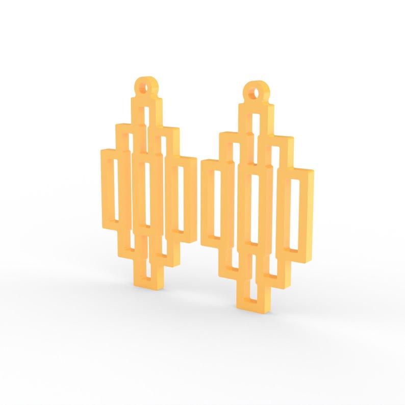 May include: A pair of geometric earrings in a light orange color. Each earring features a series of rectangular shapes arranged in a vertical pattern, with a small loop at the top for hanging. The design is modern and minimalist.