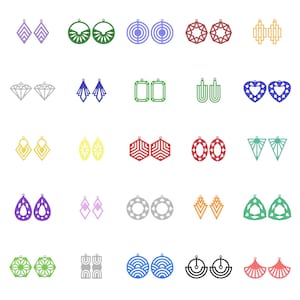 Op de afbeelding: Een verzameling van diverse kleurrijke oorbellen in verschillende geometrische vormen. De oorbellen zijn gerangschikt in rijen en kolommen, met een verscheidenheid aan ontwerpen, waaronder diamanten, cirkels en druppels. De oorbellen zijn in tinten paars, groen, rood en geel.