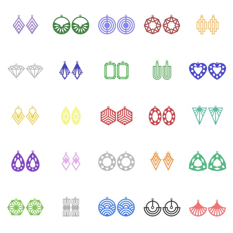 May include: A collection of various colorful earrings in different geometric shapes. The earrings are arranged in rows and columns, showcasing a variety of designs, including diamonds, circles, and teardrops. The earrings are in shades of purple, green, red, and yellow.