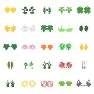 K&ouml;nnte beinhalten: Eine Sammlung verschiedener Ohrringe in unterschiedlichen Formen, darunter Bl&auml;tter, Blumen, Kakteen und B&auml;ume. Die Ohrringe sind in Gr&uuml;n-, Gelb-, Orange- und Rosat&ouml;nen gehalten. Die Ohrringe sind leicht und stilvoll.