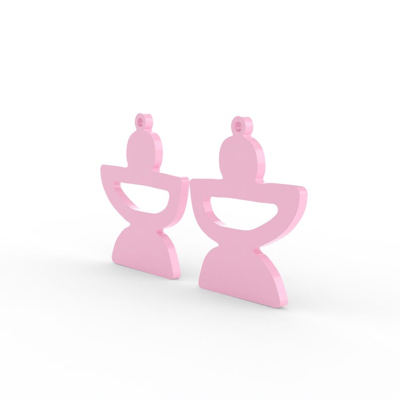 May include: Two light pink earrings with a unique abstract design. Each earring features a rounded top, a curved middle section, and a wider base. The earrings are displayed against a white background, highlighting their shape and color.