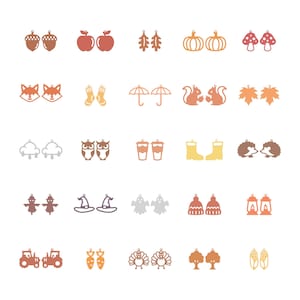 May include: A collection of twenty-five pairs of small, flat, laser-cut earrings featuring autumn and seasonal motifs. The designs include acorns, apples, leaves, pumpkins, mushrooms, foxes, socks, umbrellas, squirrels, owls, coffee cups, boots, and hedgehogs.