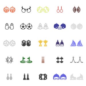 May include: A collection of sports-themed earrings in various designs. Includes basketballs, boxing gloves, soccer balls, badminton shuttlecocks, football helmets, volleyballs, kettlebells, trophies, and more. Each pair is a different color.