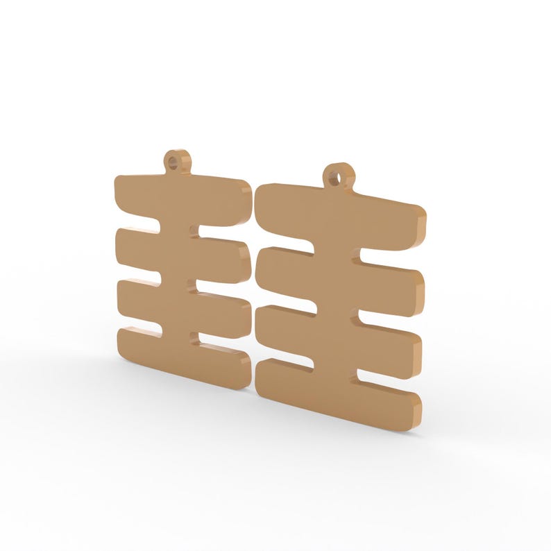 May include: Two tan-colored earrings with a unique design. Each earring features a rectangular shape with four horizontal bars and a small loop at the top for hanging. The earrings are displayed against a white background.