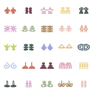 Könnte beinhalten: Eine Sammlung farbenfroher, abstrakter Ohrringe in verschiedenen Formen und Designs. Die Ohrringe sind in den Farbtönen Rot, Lila, Grün, Blau, Orange und Gelb gehalten. Die Ohrringe werden vor einem weißen Hintergrund präsentiert.