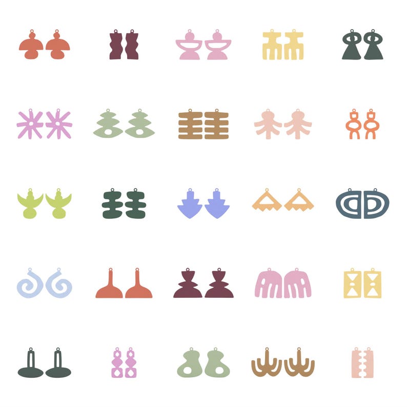 May include: A collection of colorful, abstract earrings in various shapes and designs. The earrings are in shades of red, purple, green, blue, orange, and yellow. The earrings are displayed against a white background.