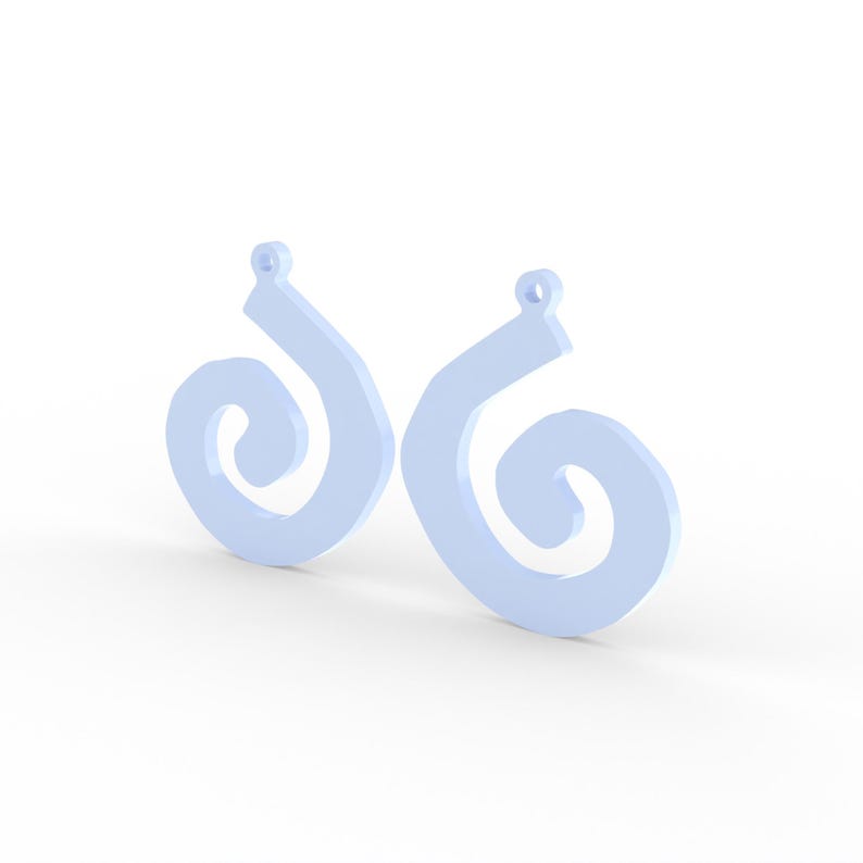May include: Two light blue earrings with a spiral design. Each earring has a small loop at the top for hanging. The earrings are a solid color and have a simple, modern aesthetic.