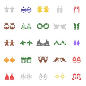 May include: A collection of Christmas-themed ornaments in various shapes and colors. Includes angels, baubles, bells, candles, candy canes, puddings, trees, wreaths, doves, elves, gingerbread people, holly, ice skates, mistletoe, teardrops, gift boxes, reindeer, birds, Santa faces, hats, snowflakes, snowmen, stars, and stockings.