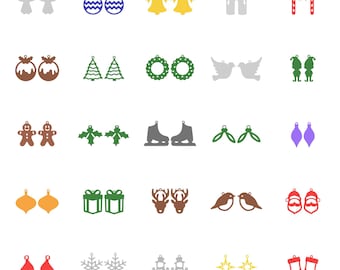 Op de afbeelding: Een verzameling kerstversieringen in diverse vormen en kleuren. Bevat engelen, ballen, bellen, kaarsen, zuurstokken, puddings, bomen, kransen, duiven, elfen, peperkoekenmannetjes, hulst, schaatsen, maretak, druppels, geschenkdozen, rendieren, vogels, kerstmannen, hoeden, sneeuwvlokken, sneeuwmannen, sterren en kousen.