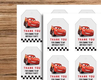 Cars birthday, Cars birthday thank you cards, Cars birthday favor tags, red car birthday, mcqueen birthday decor, race car thank you card