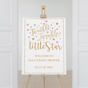 Twinkle twinkle little star baby shower, twinkle twinkle little star baby shower welcome sign, pink and gold stars baby shower, little star