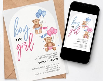 Teddy Bears Gender Reveal Invitation, Gender Reveal invitation, Boy Or Girl, bear gender reveal invitation, digital invitation, he or she