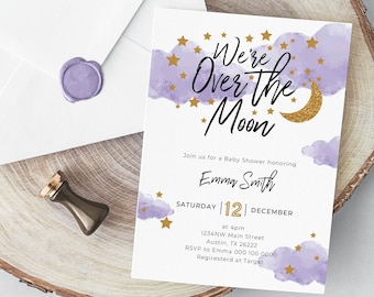 May include: Purple and gold baby shower invitation with the text "We're Over the Moon" and a crescent moon with gold glitter. The invitation includes the name "Emma Smith" and the date "Saturday 12 December".