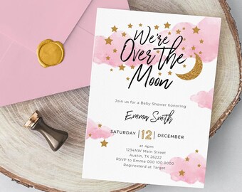 May include: Pink and gold baby shower invitation with the text "We're Over the Moon" and a gold glitter moon. The invitation includes the name "Emma Smith" and the date "Saturday 12 December".