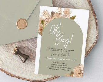 Oh boy baby shower invitation, oh boy invite, boy baby shower invitation, boho baby shower invitation, green boho invitation, digital file