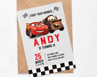 Cars birthday invitation, Mater invitation, cars birthday invite, mcqueen birthday invitation, race car birthday invitation, red race car