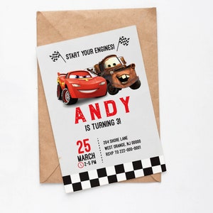 Cars birthday invitation, Mater invitation, cars birthday invite, mcqueen birthday invitation, race car birthday invitation, red race car